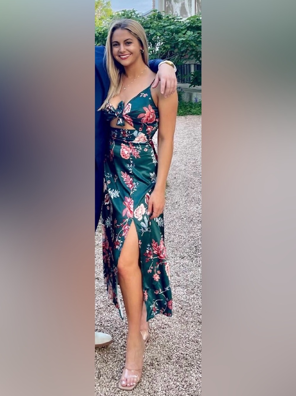 Dark Green Satin Slip Dress with Pink Floral Print